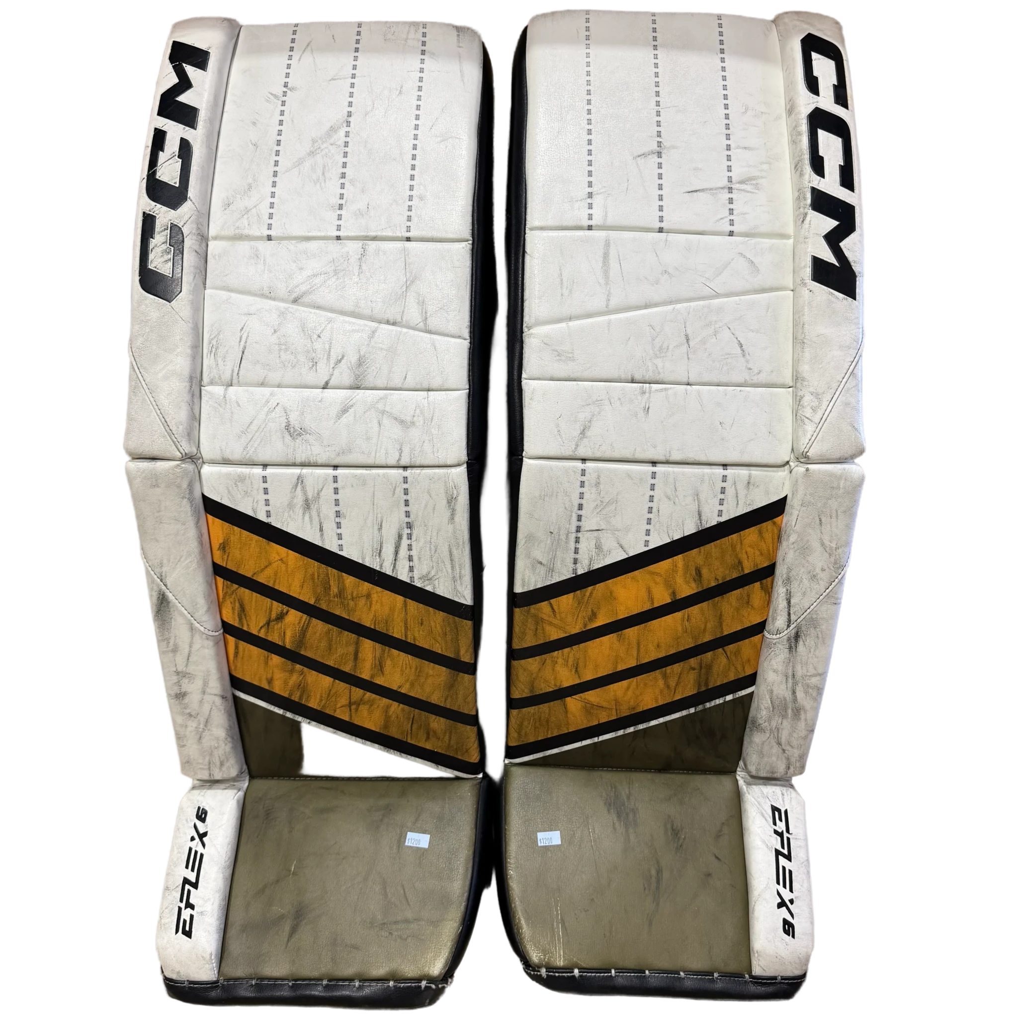 CCM Extreme Flex 6 - Jambières de gardien de but Pro Stock d'occasion (blanc/vert/jaune/noir)